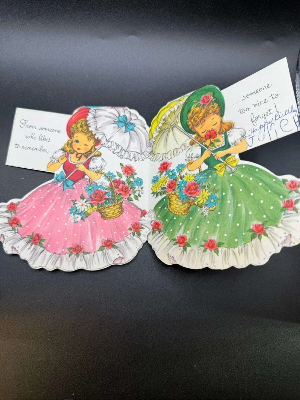 #2151 Vintage 40s “A Birthday Greeting” 3-Southern Belles Parasol Greeting Card